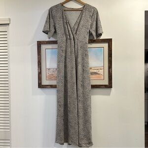 Chapter One Beige and Black Short Sleeve Pattern Tie Waist Midi Dress